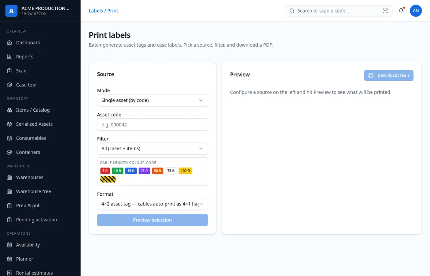Labels page for batch printing asset and case tags