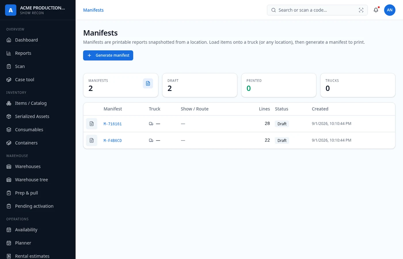 Manifest detail page with stops, tables and payload summary