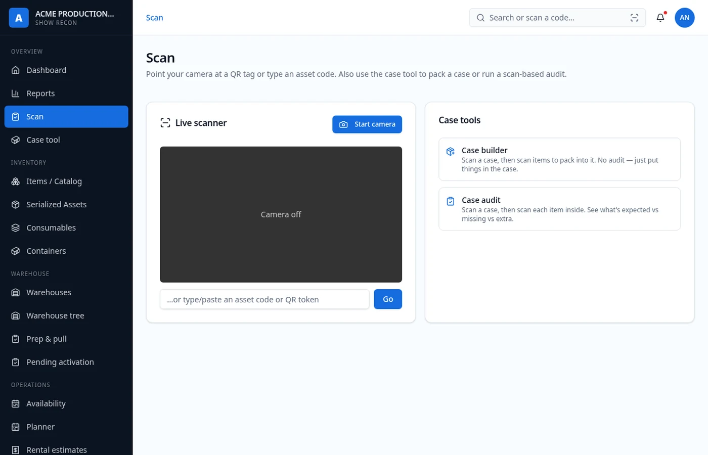 Universal scan page with live camera and code entry