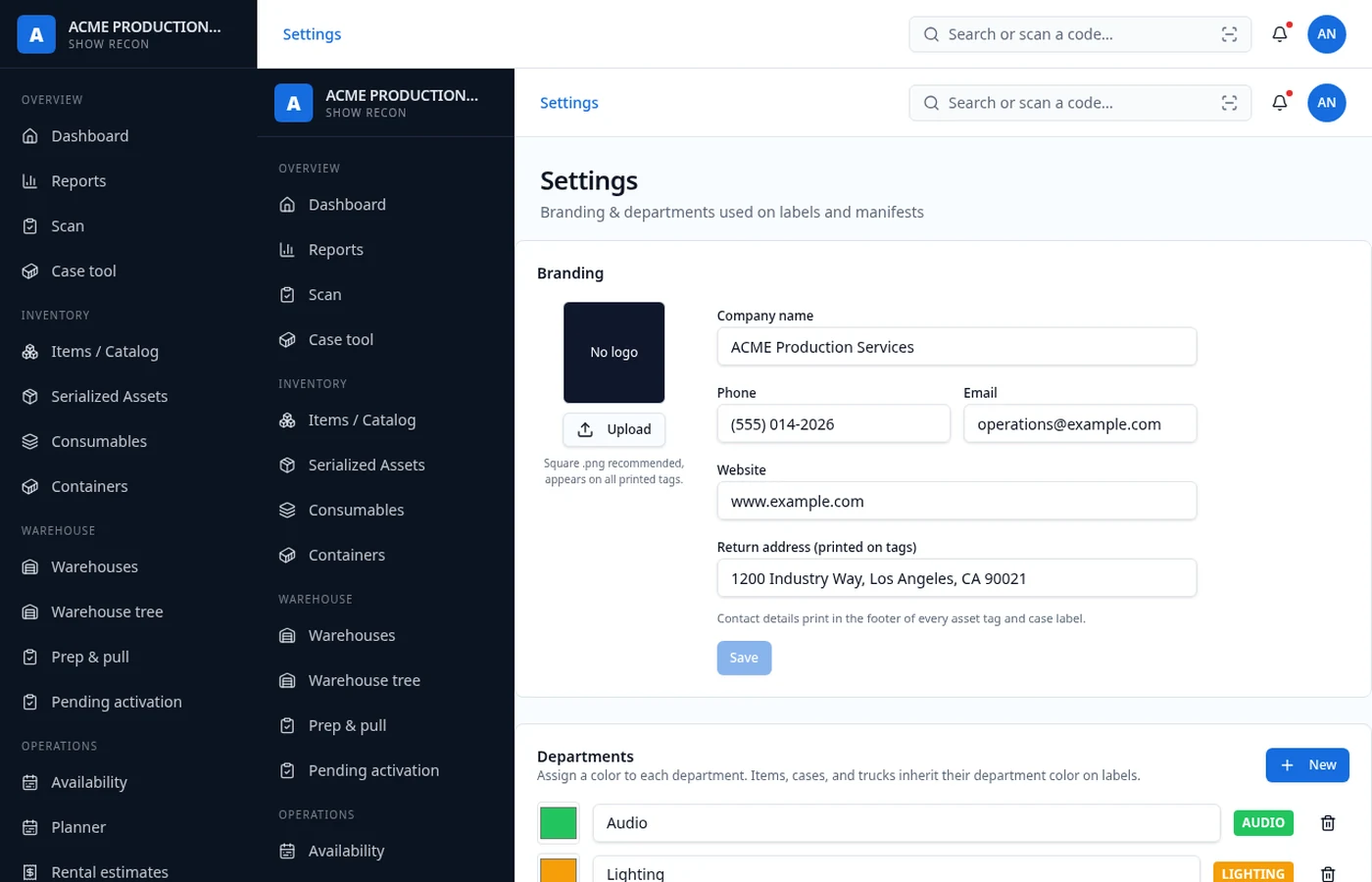 Settings page with company branding and department colors