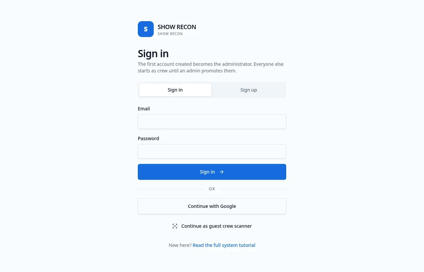 The Show Recon sign-in screen with four role cards