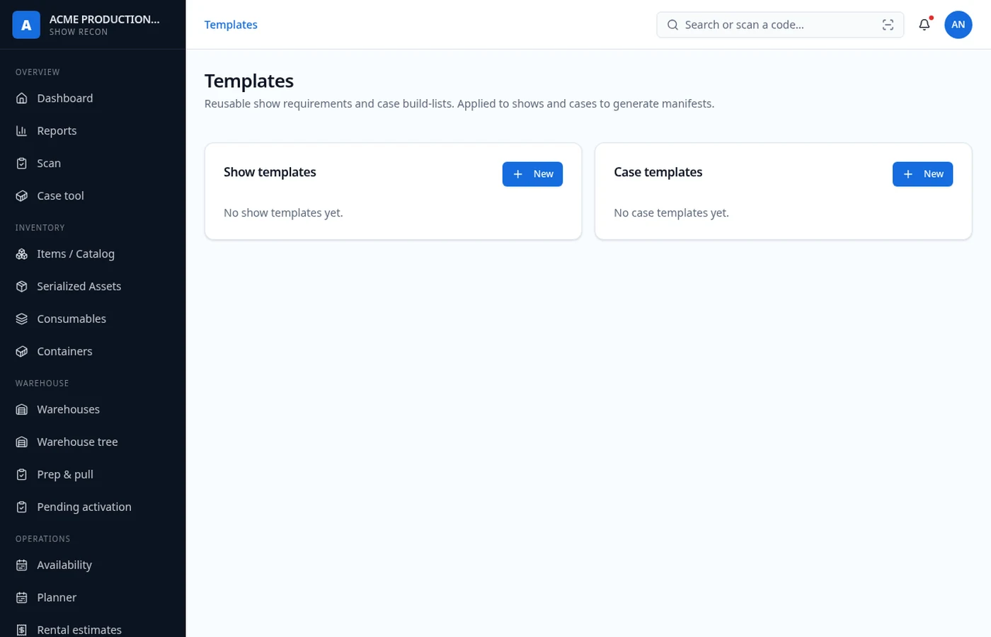 Templates page showing case templates and their contents
